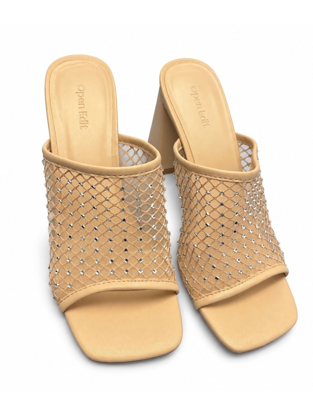Open Edit Sienna Beige Sparkly Rhinestone Open Toed Block Heel Sandal (W 8.5)